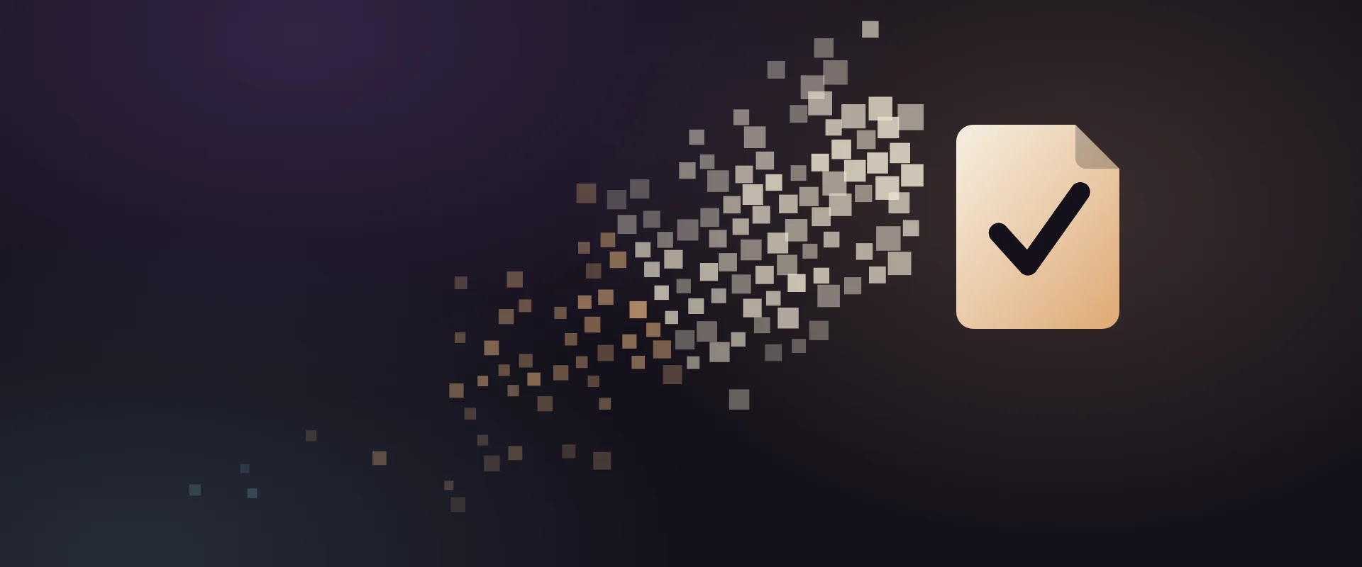 A trail of small squares rising from the lower left and resolving into a single document marked with a check.