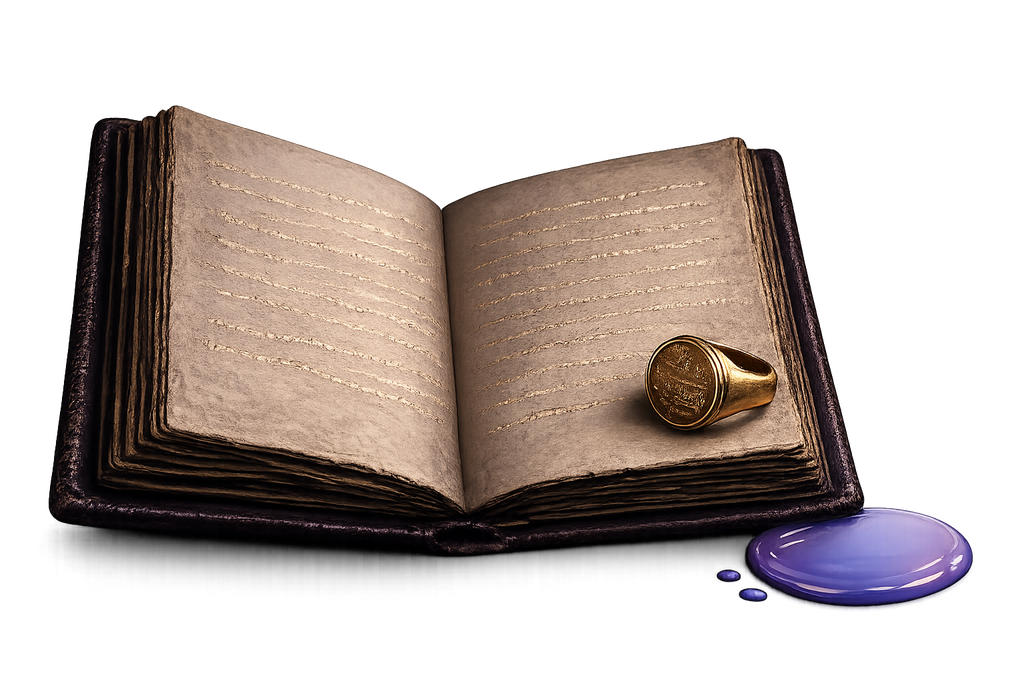 An open ledger sealed with a brass signet ring and wax &mdash; GLACIS codifies AI governance policies and seals each enforcement as verifiable evidence.