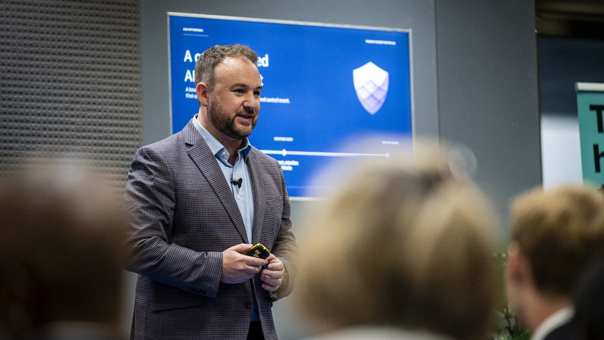 Joe Braidwood pitching Glacis on stage at Lloyd’s Lab Pitch Day, 10 September 2026