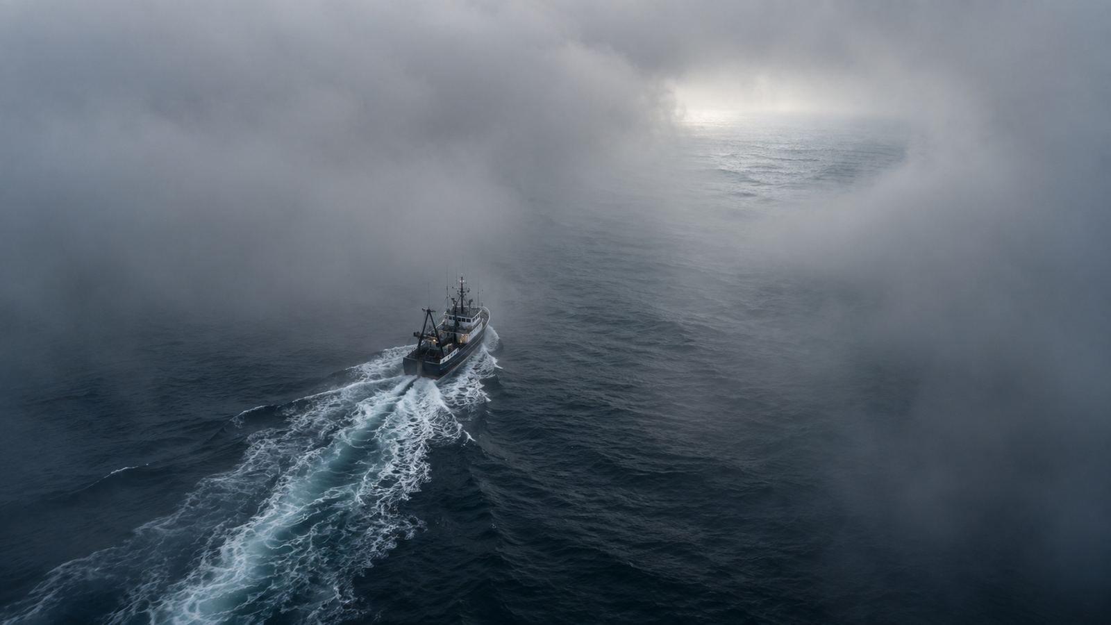 A trawler under way through sea fog, its wake the only clear line on the water, a break of light on the horizon