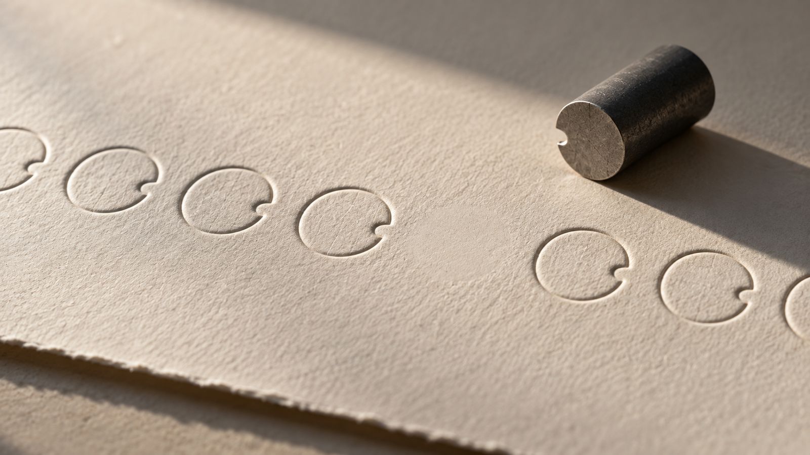 Embossed circles pressed into handmade paper, beside the steel punch that made them