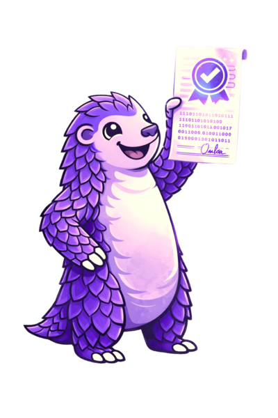 A GLACIS pangolin holding a signed runtime receipt with wax-seal check — every agent action notarized.