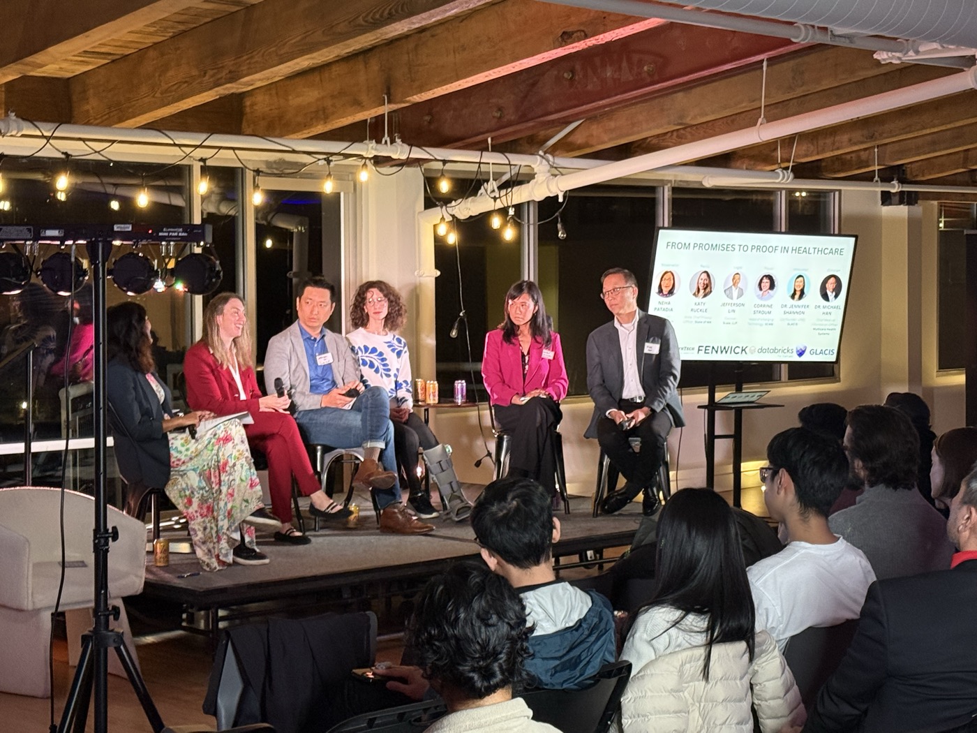 SeaHealthTech panel &lsquo;From Promises to Proof in Healthcare&rsquo; at the AI House, Seattle. From left: Neha Rajdev (moderator), Katy Ruckle, Jefferson Lin, Corinne Stroum, Dr. Jennifer Shannon, Dr. Michael Han.